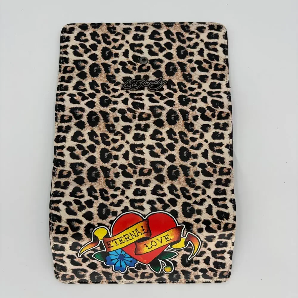Ed Hardy Leopard Print Wallet Eternal Love Tattoo Graphic Trifold Clutch